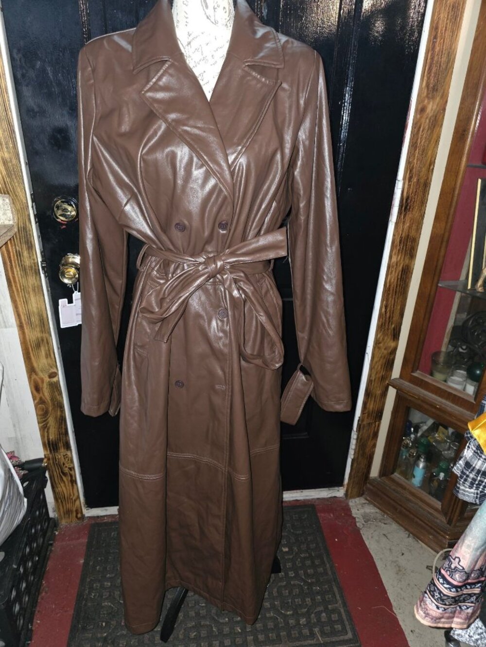 Fashion Nova Brown Faux Leather Trench Coat 1XL Double Breasted Belted Longline